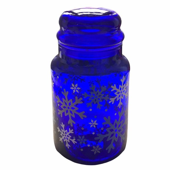Cobalt Blue Snowflake Pattern Libbey 7" Glass Canister Apothecary Jar with Lid - Picture 4 of 7